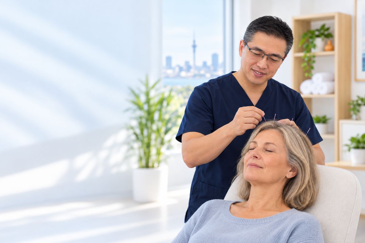 Acupuncturist placing a fine needle