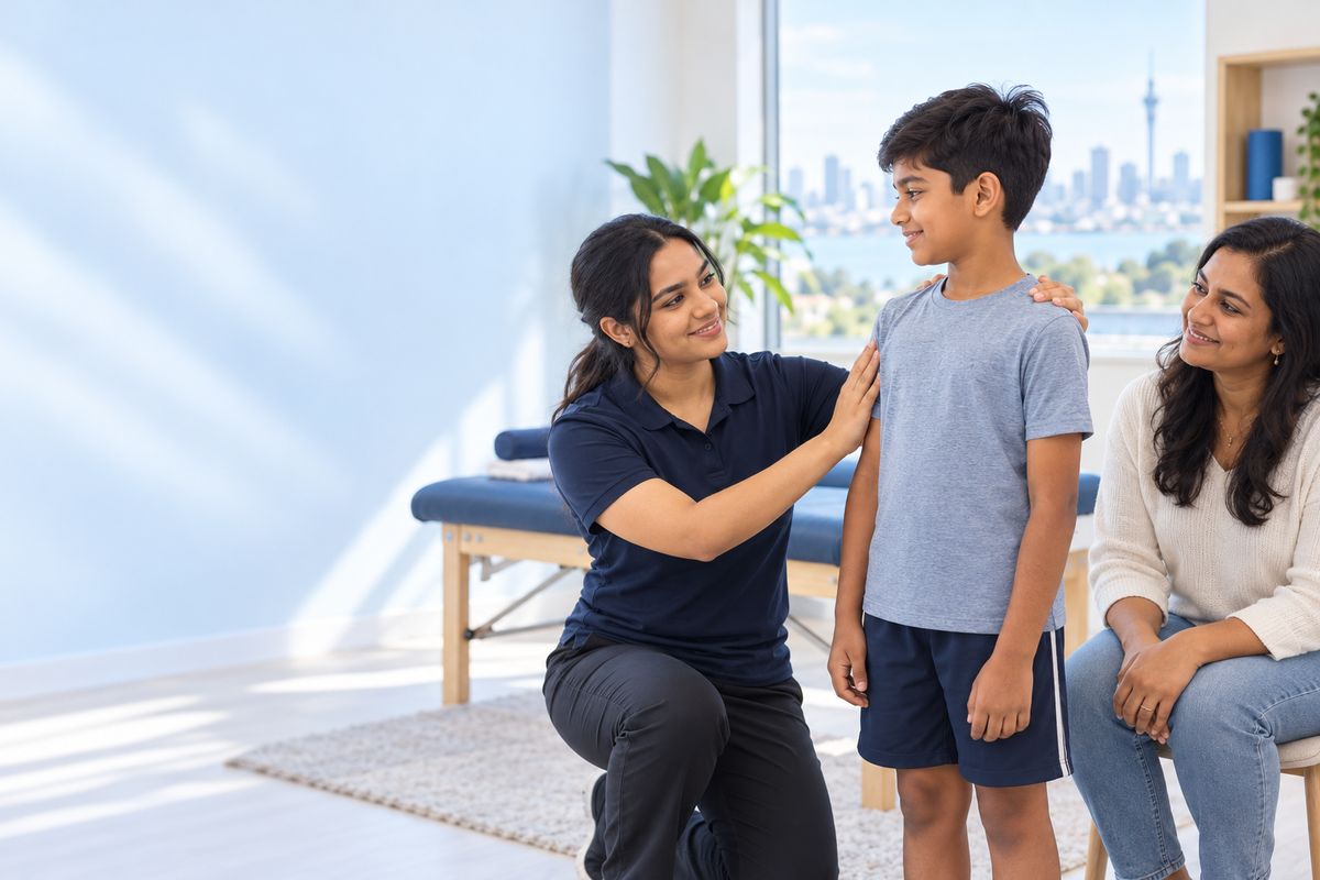 Physiotherapist checking a boy’s posture while his mother watches