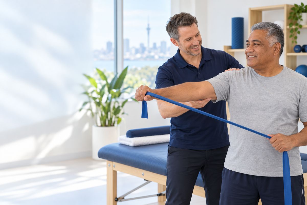 Physiotherapist guiding a shoulder exercise
