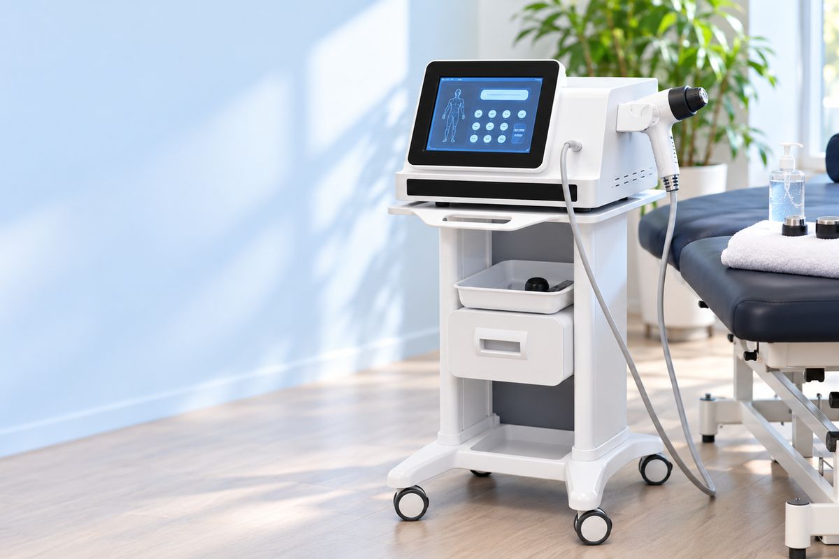 PMC’s radial shock wave machine on its trolley, with the handheld applicator, beside a treatment table