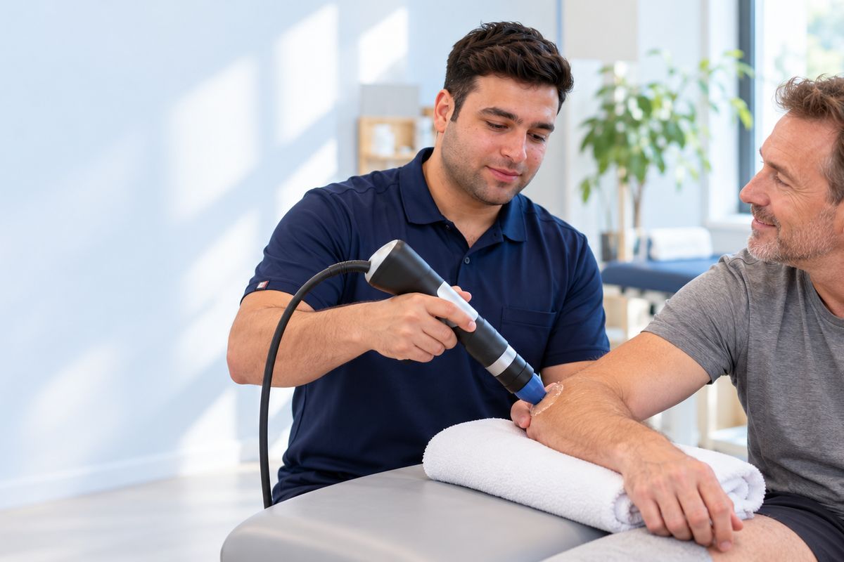 Physiotherapist giving radial shock wave therapy to a patient's outer elbow