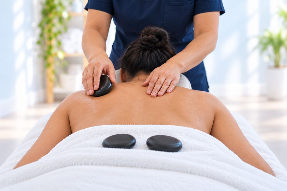 Therapist placing a hot stone on a client's shoulder