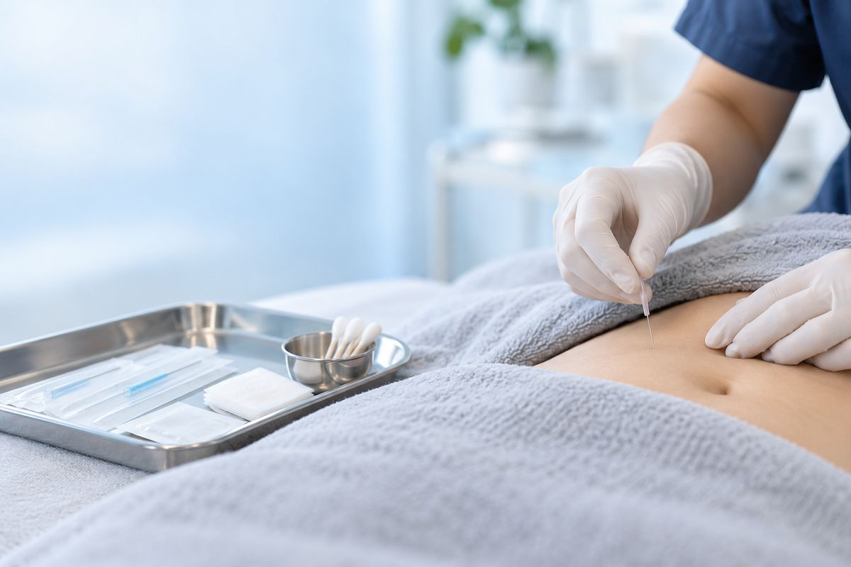 Acupuncturist placing a fine thread-embedding needle